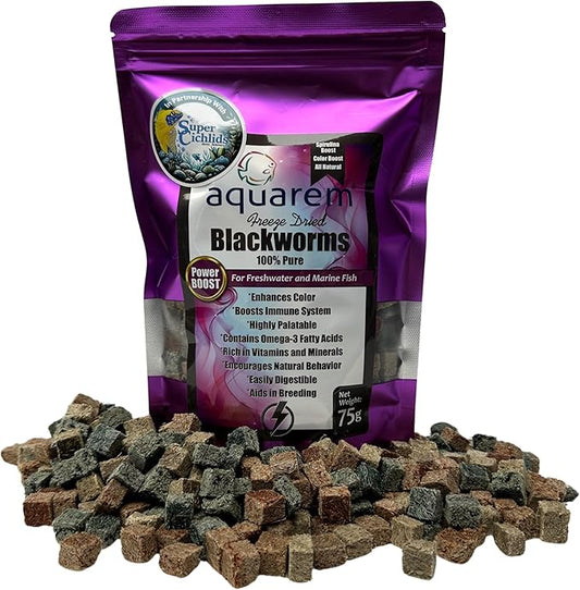 Super Cichlids Freeze Dried Blackworms - Power Boost Mix (Spirulina, Color Boost, Natural) - Great for Marine & Tropical Tanks - High Protein, No Preservatives - Live Alternative Food (75 Grams)