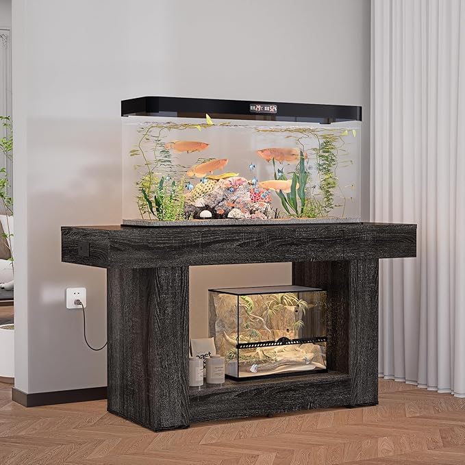 55–75/90 Gallon Aquarium Stand, Heavy Duty Fish Tank Stand for Turtle,Reptile&Amphibians,MDF Board Tabletop with Drawer&Power Outlet,Reinforced Metal Frame Upload 1000LBS Black Wood