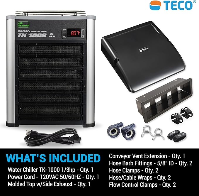 TECO 1/4 HP Aquarium Water Chiller - Ultra-Quiet, Energy-Efficient Temperature Control for Reef, Saltwater, Freshwater & Axolotl Tanks up to 200 Gallons