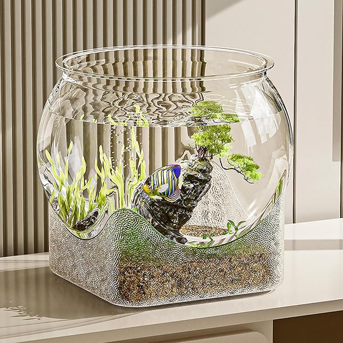 Fish Bowl P-lastic Aquarium with Clear Clarity, Shatterproof Round Betta Fish Tank Home Décor, Desktop Aquarium for Betta Fish/g-oldfish