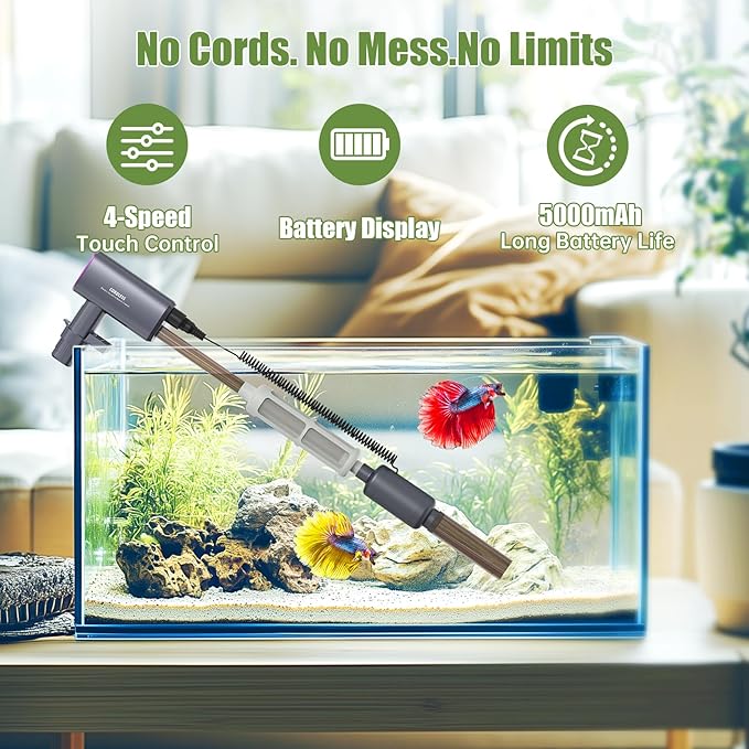 Cordless Aquarium Vacuum Gravel Cleaner: 6-in-1 Electric Fish Tank Cleaner, 36W Rechargeable & 650GPH Strong Suction Automatic Water Changer, Touch Control, Fits 5–150 Gallon Tanks