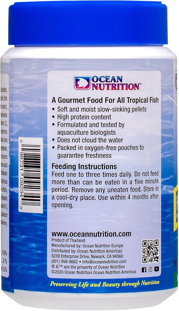 Ocean Nutrition Fish Food - Tropical Fish Food, Soft Moist Sinking Pellets, High Protein(41%) Guppy Fish Food, Fish Food Flakes Alternative, 14 oz (400 g), Medium Pellet