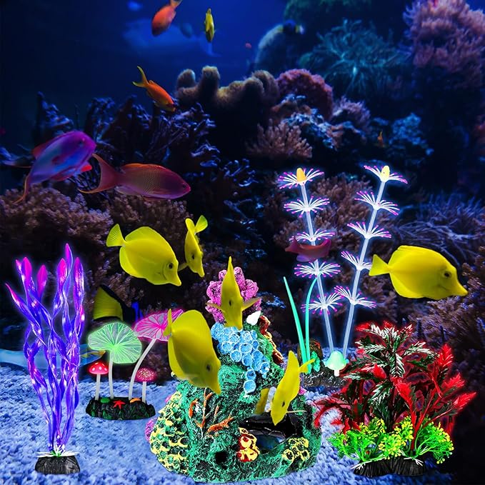 Halloscume 5 Pcs Fish Tank Decorations Glow in the Dark Betta Tank Decorations Fish Aquarium Accessories Ornaments Colorful Coral Reef Decor Set Include Coral Reef, Water Grass, Lotus Leaf and Kelp