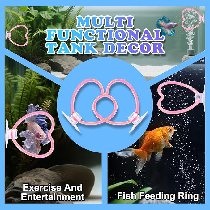 Betta Fish Toys, 2 PCS Heart Fish Exercise Ring and Nitrifying Balls Set, Heart Betta Mirror Toy Set, Feeding Ring with Suction Cup, Fishing Tank Accessories for Gifts (Pink)