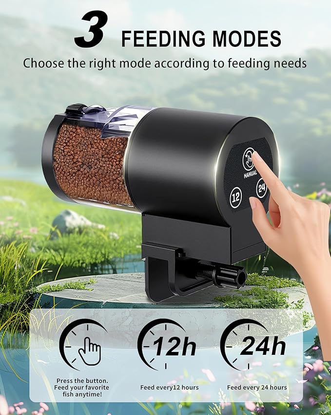 Automatic Fish Feeder for Aquarium, Helps Keep Fish Fed While You’re Away, Large 100ml Capacity with Adjustable Feeding Timer, Battery Operated Auto Feeder for Flakes and Pellets (Black)
