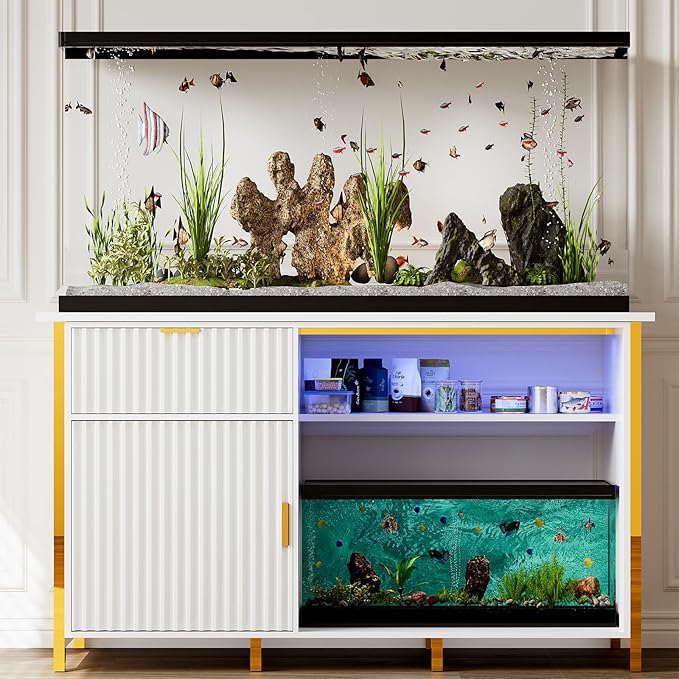 55-75 Gallon Fish Tank Stand with Power Outlets, LED Light, Vertical Lines, Heavy Duty Aquarium Stand with Cabinet for Fish Tank Accessories Storage, Turtle Tank, Reptile Terrarium, 1100LBS, White