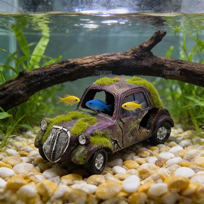 AUEAR, Aquarium Resin Car Ornament Truck Fish Tank Decorations Imitation Wreck Decor with Flocking Moss