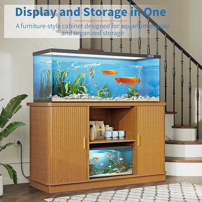 Fish Tank Stand, 75 Gallon Tank Stand with Sliding Cabinet Door, Heavy Duty Aquarium Stand with Power Outlet for Turtle Tank, Reptile Terrarium, 1000LBS Capacity (Yellow Walnut)