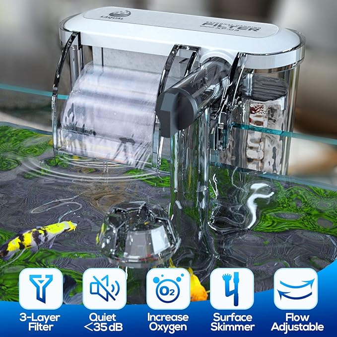 LAQUAL Aquarium Filter with Surface Skimmer, 10 Gallon Small Fish Tank Filter, 3-Layer Filtration, Adjustable Water Flow, Waterfall Design for Increasing Oxygen, Quiet & Efficient Hang on Back Filter
