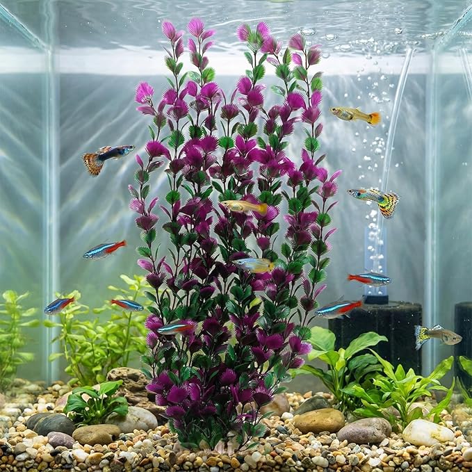 Lantian Grass Cluster Purple Leaves Aquarium Décor Plastic Plants Extra Large 21 Inches Tall 6522, Purple and Green