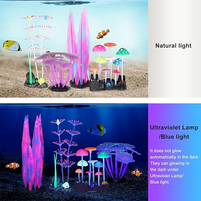 4 Pack Aquarium Fish Tank Decorations, Soft Silicone Coral Reef Plant Mushroom Kelp Decorations Glowing Artificial Ornament for Aquarium Fish Tank Glow Ornament