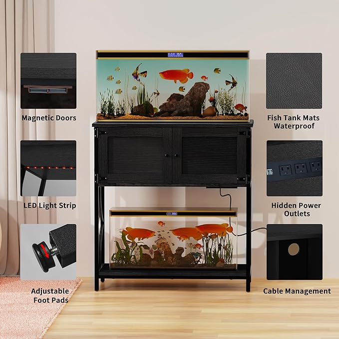 20-29 Gallon Aquarium Stand with Power Outlets & LED Light, 330LBS Capacity, Metal Frame Fish Tank Stand with Cabinet Accessories Storage for Reptile Tank, 30.7" L*15.7" W Tabletop, Black