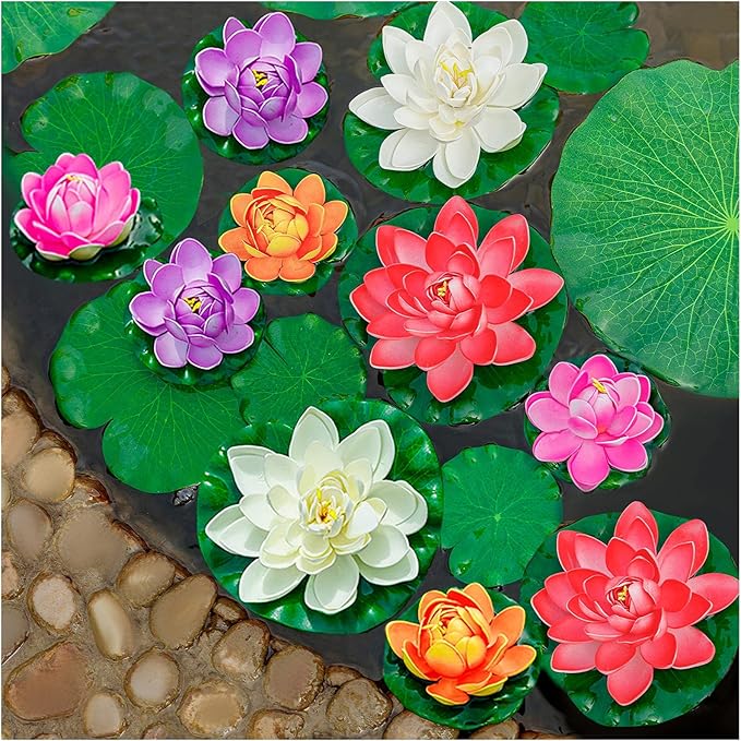Artificial Floating Foam Lotus Flower with Water Lily Pad, Realistic Ornanment Perfect for Home Outdoor Patio Pond Aquarium Wedding Party Decorations, 10PCS