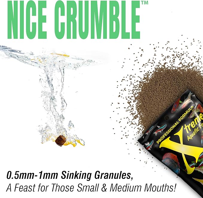 Xtreme Nice Crumbles - Color Enhancer for Small to Medium Fish - Max Protein Formula, Resealable Pouch, Ideal Supplementary Fish Food - USA Farm Grown (10oz)