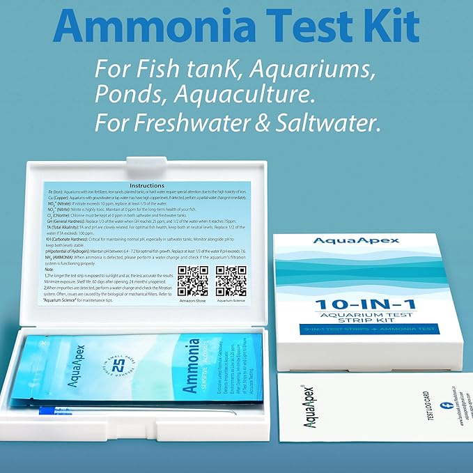 10-in-1 Ammonia Test kit Aquarium (25 Multi-Test + 25 Ammonia Strips) for Freshwater & Saltwater | Aquarium Test Strips for Fish Tank,Ponds | Test Nitrate,Nitrite,Hardness,pH & More.