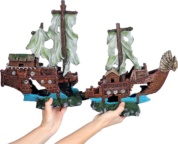 UNEAK - XXL Shipwreck Aquarium Large Decorations Ornament w/Sail (2 Pieces) 20 Gallons high and Larger Fish Tank, Sunken Ship Decoration Ornaments, Pirate Boat, Resin, Freshwater Saltwater Decor
