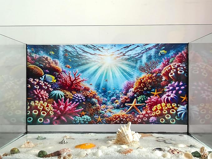 Undersea Coral Aquarium Background Marine Life Starfish Sunlit Fish Tank Background 30x18 Inches PVC Glass Container Decoration with Tapes