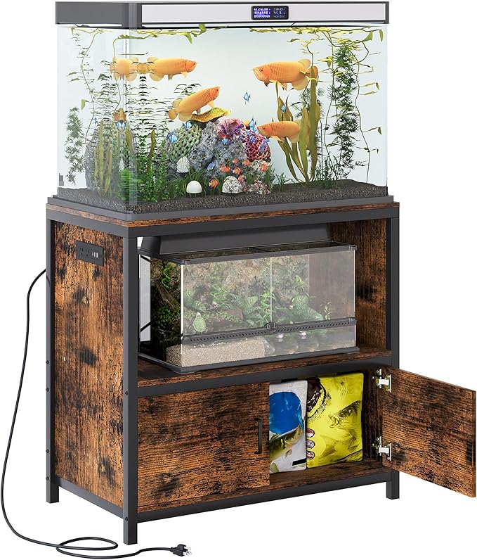 TQVAI 50-75 Gallon Fish Tank Stand with Power Outlets, Heavy Duty Aquarium Stand with Cabinet Storage Fish Tank Accessories, Large Reptile Terrarium Tank Stand, Black/Vintage