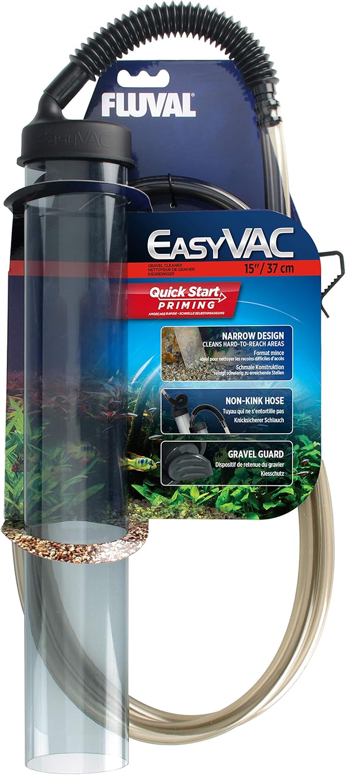 Fluval EasyVac Aquarium Gravel Cleaner Vacuum for Fish Tanks – Quick Start Siphon Water Changer with Non-Kink Hose, Bucket Clip & Gravel Guard for Small, Medium & Large Aquariums - Medium