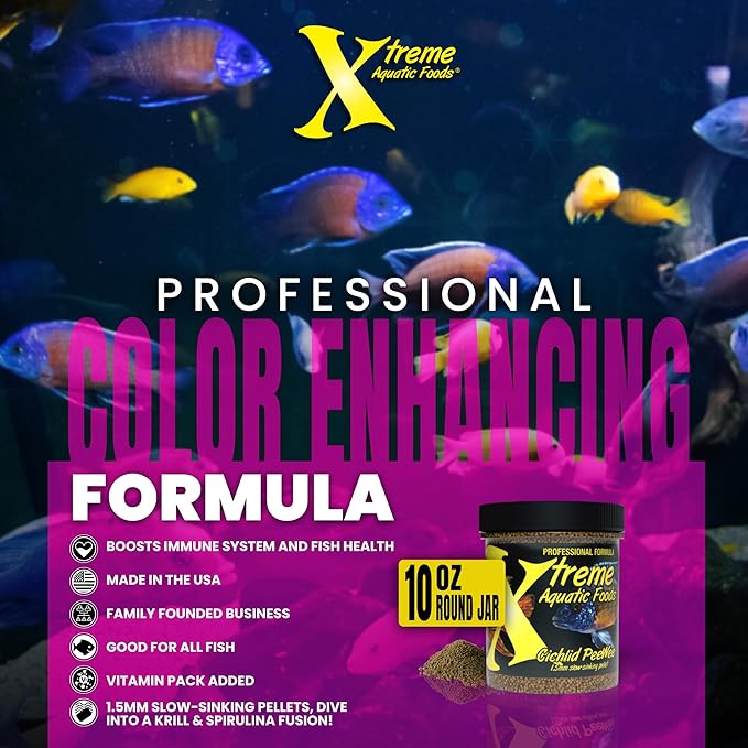 Xtreme Cichlid Peewee 1.5 mm Pellets - Proven Nutrition for Cichlids - Balanced Amino Acids, Boost Immune & Digestive Health, Color & Energy, Max Protein Freshwater Fish Food – USA Farm Grown (10oz)