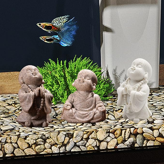 3 Pack Aquarium Ornaments Decoration, Fish Tank Decor, Mini Buddha Statue Sculpture Decoration, Cute Aquarium Sandstone Buddha Fish Tank Decor, Ornament Decor for Fish Tank Aquarium Home Garden Desk