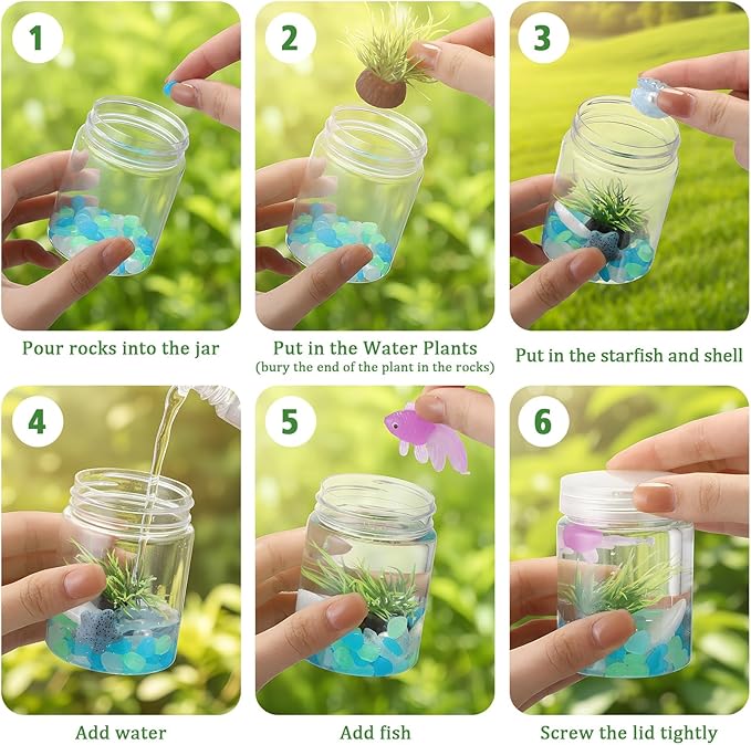 FoldTier 12 Set Fishbowl Craft Kit with Plastic Fish Bowl Floating Fake Goldfish Aquarium Plant Glow in The Dark Rock Seashell Mini Fish Tank Decoration Accessories for Party Supplies School Classroom
