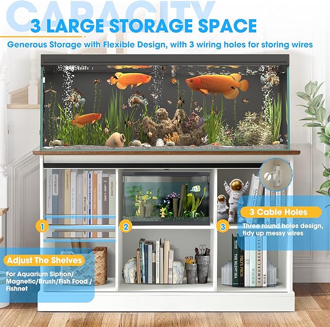 55-75 Gallon Fish Tank Stand with Sliding Barn Doors & Power Outlet, Heavy Duty Aquarium Stand with Cabinet Storage for 2 Fish Tank/Turtle Tank/Reptile Terrarium Accessories, 1300LBS (White)