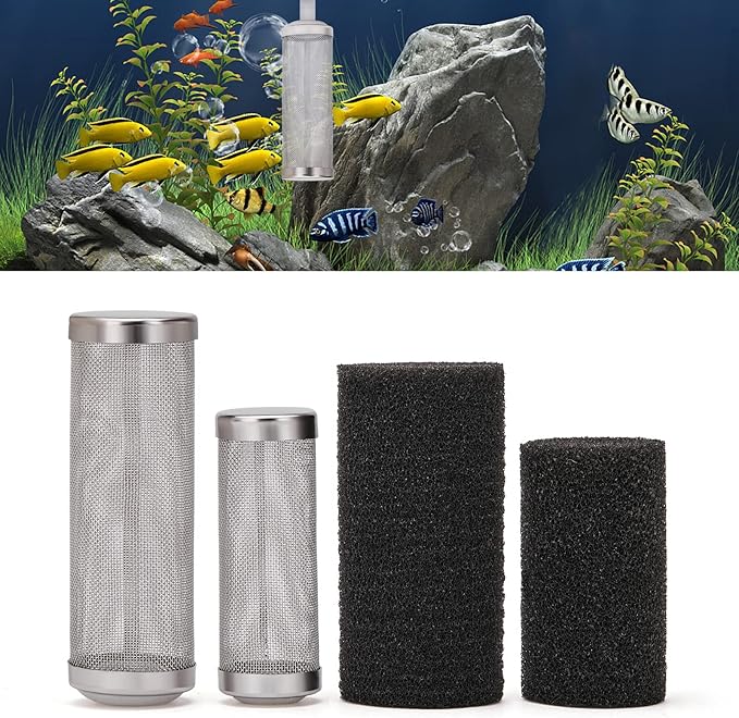 2 Pcs 12mm/16mm Stainless Steel Aquarium Filter Intake Guard Mesh Cover,Fish Tank Filter Guard with 2PCS Filter Sponge for Breeding Fish Shrimp Tank