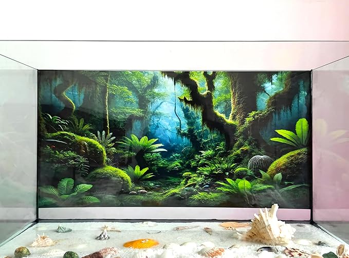 Tropical Rainforest Aquarium Fish Tank Background Forest Plants Reptile Tank Decorative Background 24x12 Inches PVC Glass Container Decoration with Tapes