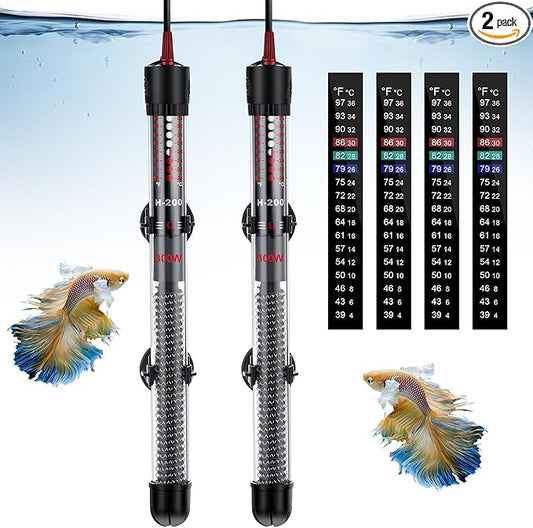 Dreyoo 2 Set 300W Submersible Aquarium Heater, Adjustable Aquarium Fish Tank Heater with 4 Thermometers Stickers and Suckers, Adjustable Knob Thermostat for Marine Saltwater and Freshwater