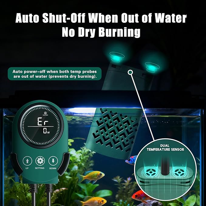 300W Smart Aquarium Heater Submersible with Variable-Frequency Energy Savings, Dual Probes for Leaving Water Automatically Stop, PTC Tech for Overheat Protection, Adjustable for Freshwater, Saltwater