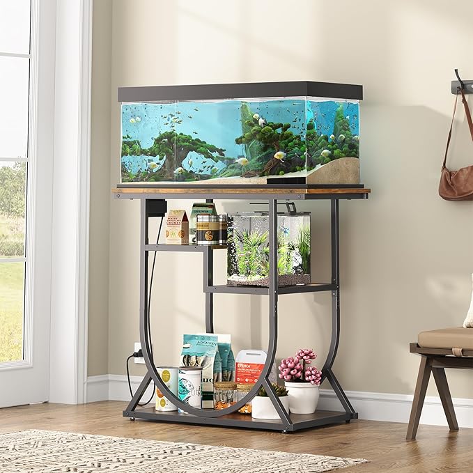 HavenlyYouth 20-29 Gallon Fish Tank Stand with Power Outlet, Metal U Shaped Aquarium Stand with Storage Shelves, Heavy Duty Terrarium Rack for Home Office, 31.5" L x 15.7" W x 29.4" H, Rustic Brown