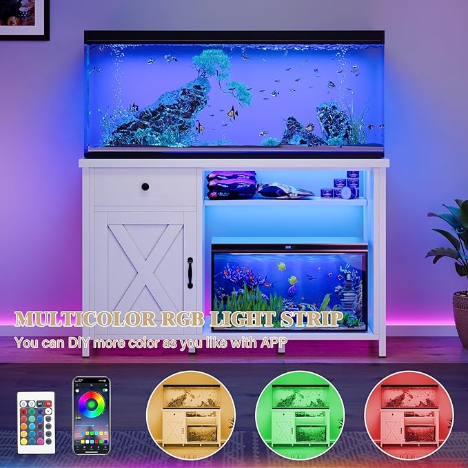 4ever2buy 55-75 Gallon Fish Tank Stand with Power Outlets, LED Light, Heavy Duty Aquarium Stand with Cabinet for Fish Tank Accessories Storage, for Turtle Tank, Reptile Terrarium, 1100LBS, White