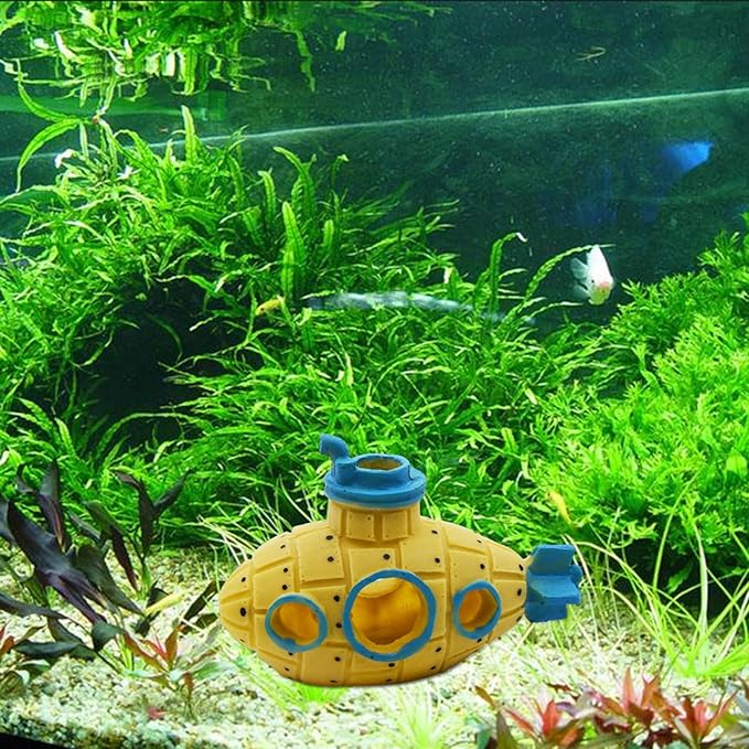 Saim Little Cute Retro Submarine Aquarium Decoration,Cave Landscaping Ornament for Shrimp Shelter Betta Cichlid Goldfish Hermit Crabs Fish Tanks Fish Toy - Yellow