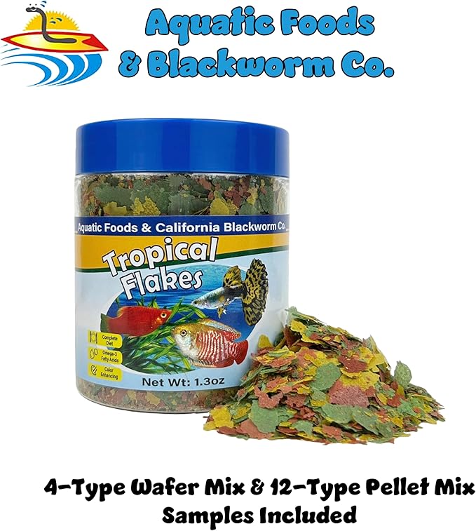 Premium Tropical Fish Flakes, for Angel Fish, Guppies, Live Bearers, Loaches, Gouramis, Cichlids, All Tropical Fish. 12-Type pellets and 4-Type Wafers Included..1.30oz Canister