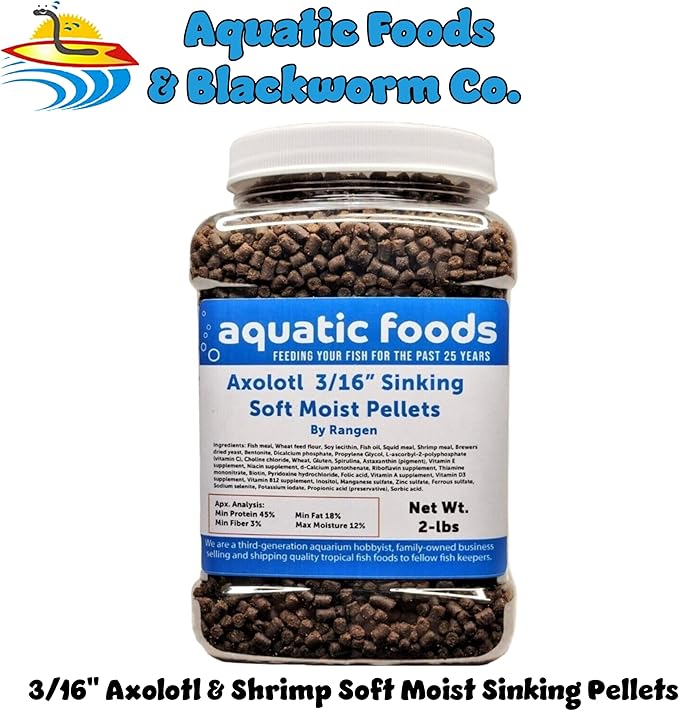 Axolotl Food 3/16" Soft Moist Sinking Salmon Pellets for Adult Axolotl Also Shrimp, Snails, Crabs, Crayfish, Bottom Tropical Fish...2-lb Med Jar