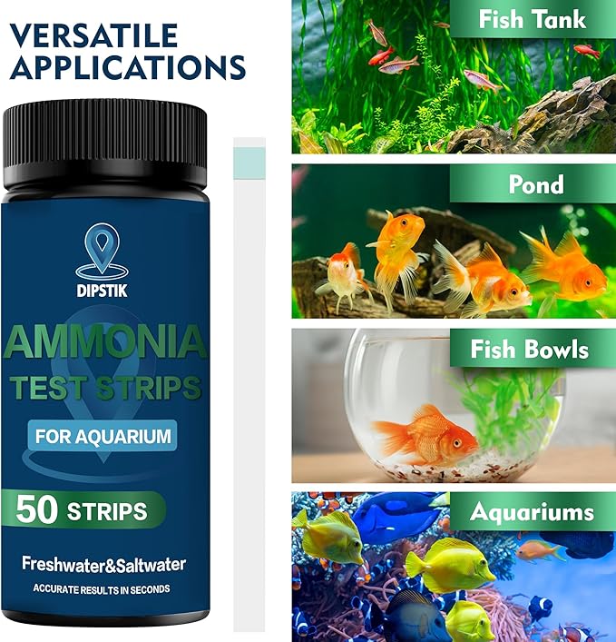 DIPSTIK Ammonia Test Strips for Fish Tank,Feshwater & Saltwater Aquarium Water Test Kit (50)