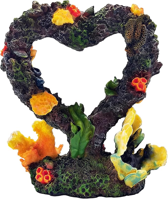 Heart Shaped Aquarium Coral Ornament, Resin Fish Tank Decoration with Realistic Coral & Moss, Safe for Freshwater/Saltwater Aquariums, Aquascaping Hideout for Small Fish and Shrimp