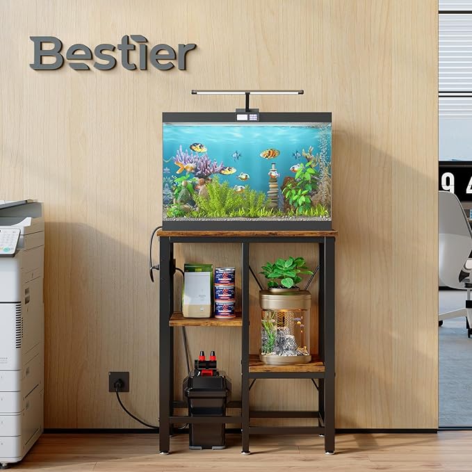 Bestier 10 Gallon Fish Tank Stand with Power Outlet, 20.3x10.6 Metal Aquarium Stand with Filter Storage, 6-Leg Reptile Tank Stand with 3-Tier Adjustable Storage Shelves, 264LBS Capacity，Rustic Brown