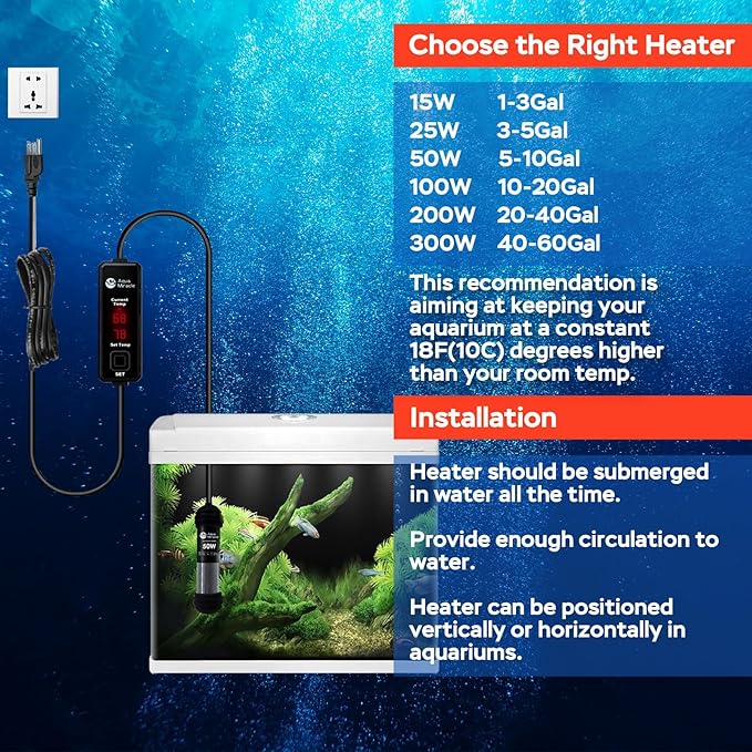 AquaMiracle 25W Small Aquarium Heater Fish Heater, Super Mini Fish Tank Heater Turtle Tank Heater for 3-5 Gal Tanks, with Dual LED Display, Dry-Run/Overheating Protection & Memory Function