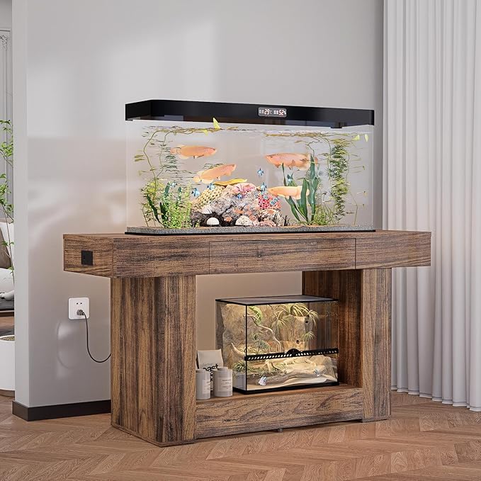 55–75/90 Gallon Aquarium Stand, 48 Inch Fish Tank Stand with Power Outlets & USB Ports, Heavy Duty Double Aquarium Stand for Turtle Reptile Terrarium, Farmhouse Tank Stand,Rustic Brown