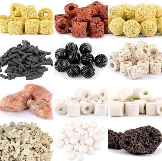 Aquarium Filter Media: 12-in-1 Bio Balls & Ceramic Rings Kit (1000g) for Fish Tank or Pond - Includes Zippered Mesh Bag