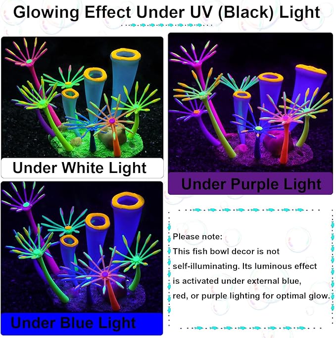 Glowing Effect Aquarium Fish Tank Decorations, Silicone Artificial Soft Anemone Coral Plants Ornaments for Aquarium Decor Landscape, Glow in Dark Fish Tank Accessories Decorations(Orange)