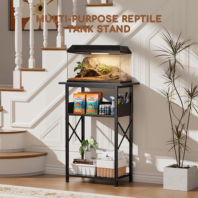 10 Gallon Fish Tank Stand with Storage Shelves, 3-Tier Aquarium Stand with Rust-Proof Metal Frame, Heavy Duty Waterproof Reptile Turtle Tank Stand for Home Office Up to 150LBS, 21.5" L x 11.5" W x 30" H, Black