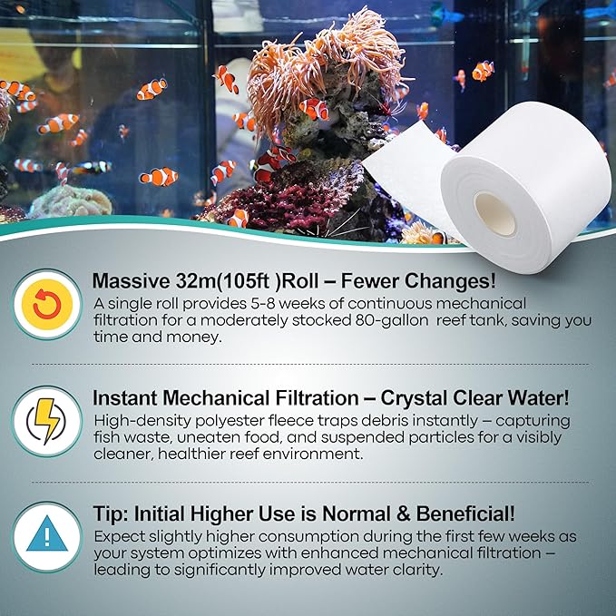 Dreyoo Replacement Fleece Roll Compatible with Reef 250, 105 Ft – Easy Install, Superior Filtration for Clean, Clear Reef Tanks – Ideal for Aquarium Enthusiasts, Fit Roller Mat Filter(1 Pack)