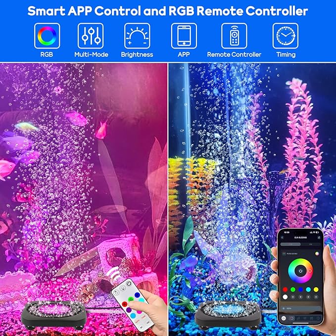 Submersible Fish Tank Decor Light: Aquarium Bubble LED Lights - IP68 Waterproof APP Remote Control 5050 RGB Color Changing Aquarium Decor Bubble Lamp for Fish Enthusiasts Aquatic Pets