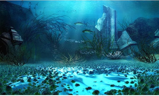 Underwater World Aquarium Background Ocean Temple Aquatic Grass Fish Tank Background Deep Blue Sea Tropical Marine Life Terrarium Backgrounds Ruined Building Seascape Backgrounds 30x18in
