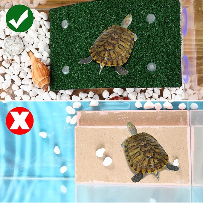 2 Pcs Turtle Basking Platform Ramp Medium Tortoise Terrace Resting Ladder Simulation Lawn and 6 Pcs Artificial Plastic Aquarium Plants Turtle Tank Accessories Decorations for Small Reptile Turtle