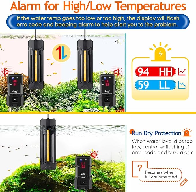 hygger 300W Aquarium Heater with Controller, Adjustable & Submersible Fish Tank Heater with Digital Display Safety Triple Protection Beeping Alarm for Saltwater and Freshwater 40-80 Gallon
