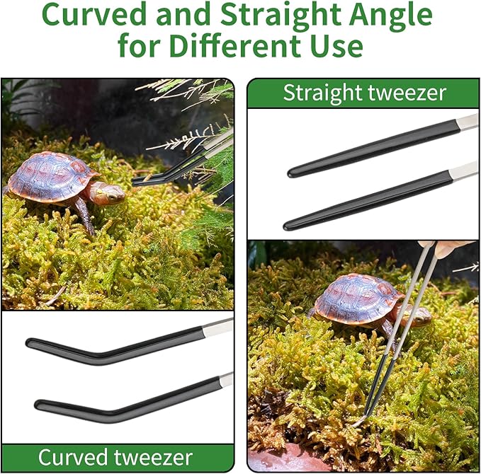 3PCS Reptile Feeding Tongs with Rubber Tips, 10.6" Stainless Steel Tweezers & Spoon Set with Storage Bag for Bearded Dragons, Geckos, Turtles, Tank Accessories